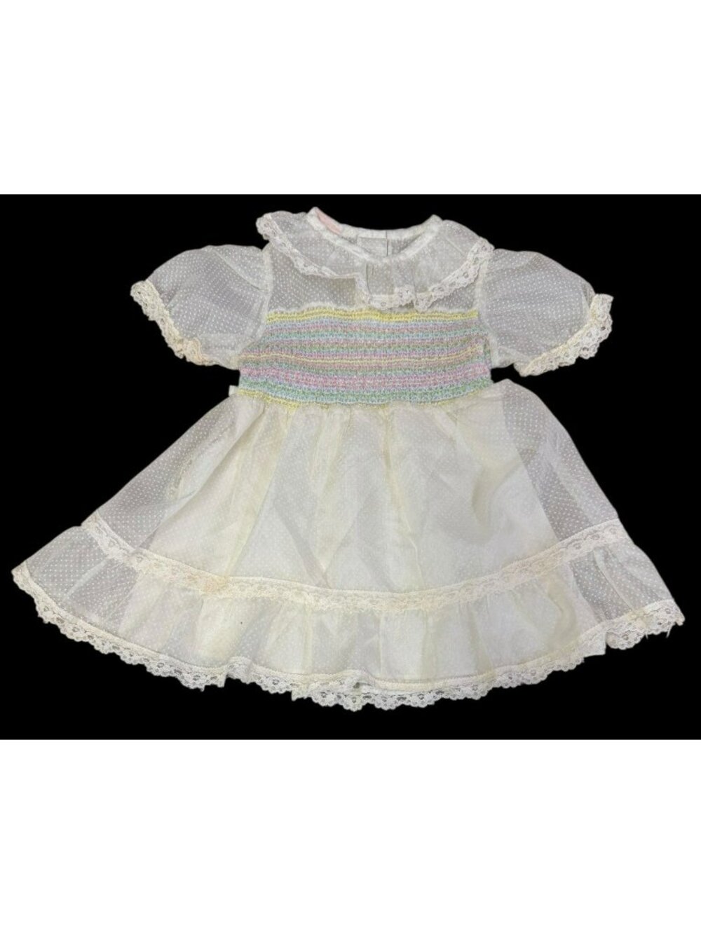 Vintage 1960s Toddler Dress Hand Smocked Swiss Dot Lace Trim Pastel White Frilly